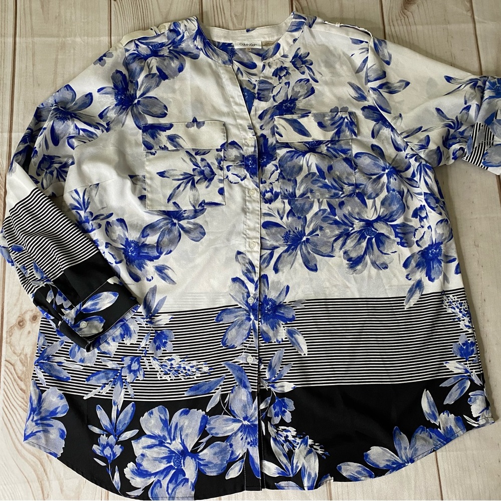- Calvin Klein Floral Stripe Button Down Tunic Top
